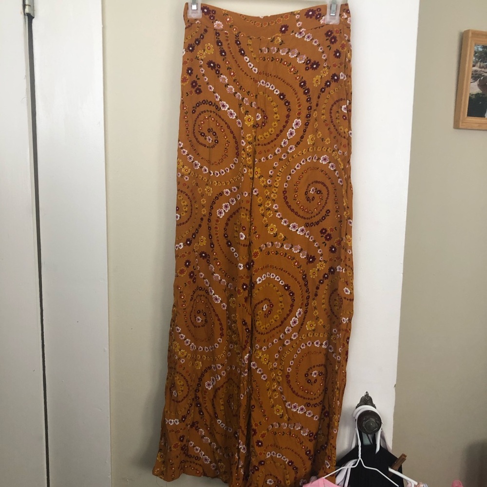Forever 21 Mustard Floral Print Wide Legs Pants